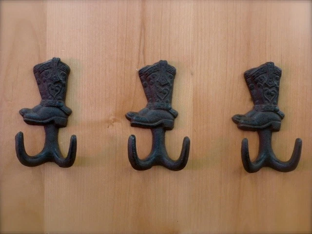 3 BROWN ANTIQUE-STYLE CAST IRON COWBOY BOOT HOOKS wall hardware western rustic