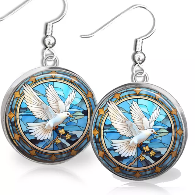 Symbol of Peace Bird Dove Dangle .925 Earrings Faux Stained Glass Art Print