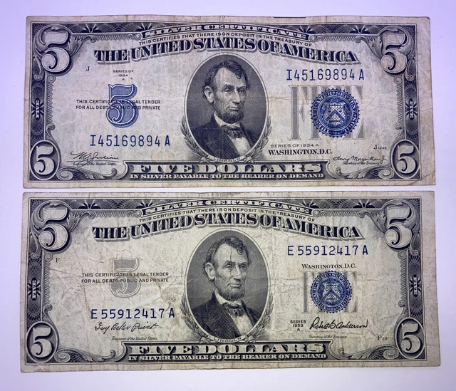1934 ($5) Five Dollar, 1953 ($5) Five Dollar Blue Seal Silver Certificates Notes