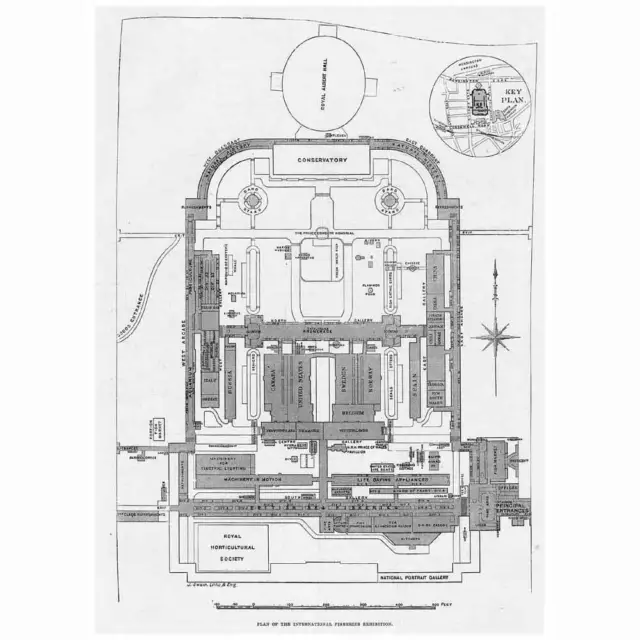 ROYAL ALBERT HALL Plan of International Fisheries Exhibition Antique Print 1883