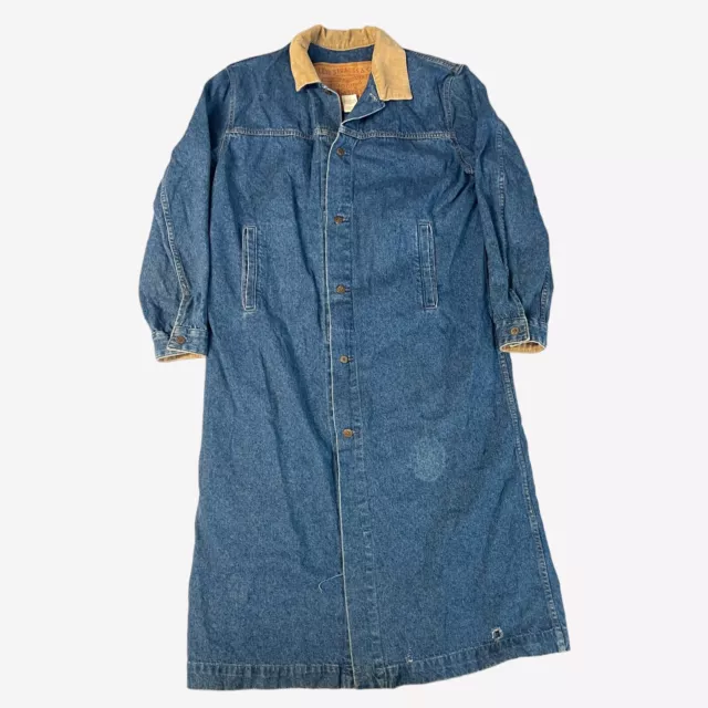 Vtg 80s Levi's Denim Long Barn Coat Duster Tan Corduroy Collar Jacket USA Trench