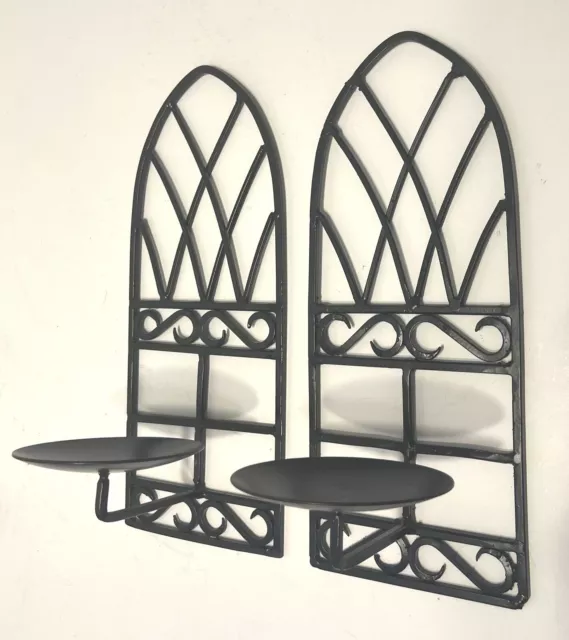 Pair Gothic Scroll Wrought Iron Candle Sconces Wall Hanging Decor 12”