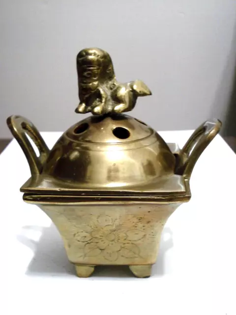 Vintage 1960's Heavy Brass, Foo Fu Dog, Oriental Chinese Incense Burner Cauldron