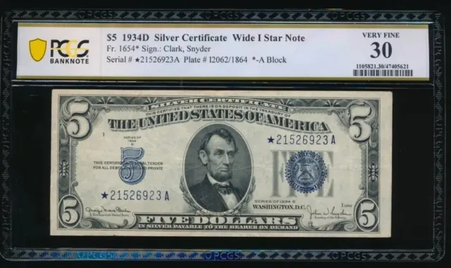 1934 D $5 STAR Note Silver Certificate Fr. 1654* - PCGS 30 VF - Wide I Star Note