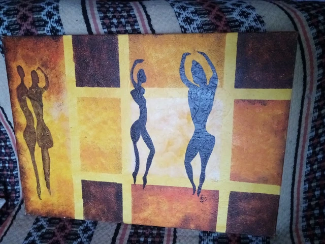 Tableau technique mixte sur toile dom jaune orange 50 x 70 cm danseurs africains