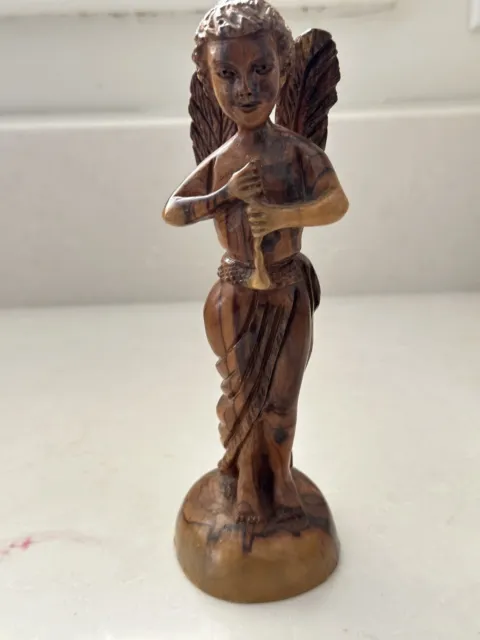 Vintage Hand Carved Wooden Angel Figure Statue Aritsan Antique 7" Tall