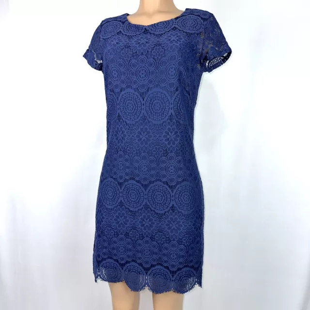 Laundry by Shelli Segal Scalloped Crewneck Lace Mini Dress Navy Blue Womens Sz 6