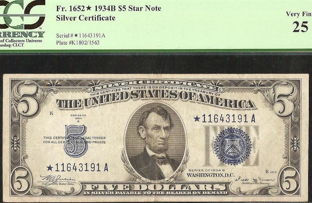 1934B $5 DOLLAR BILL STAR SILVER CERTIFICATE BLUE SEAL A KEY NOTE Fr 1652* PCGS