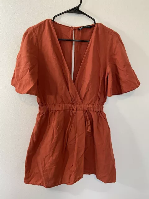 Zara Copper Linen Romper Playsuit Jumpsuit Size Small Red/Orange Womens V Neck