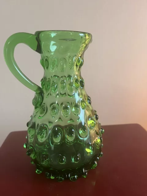 Green Art Glass Seed Pod Hobnail Pitcher, Vintage