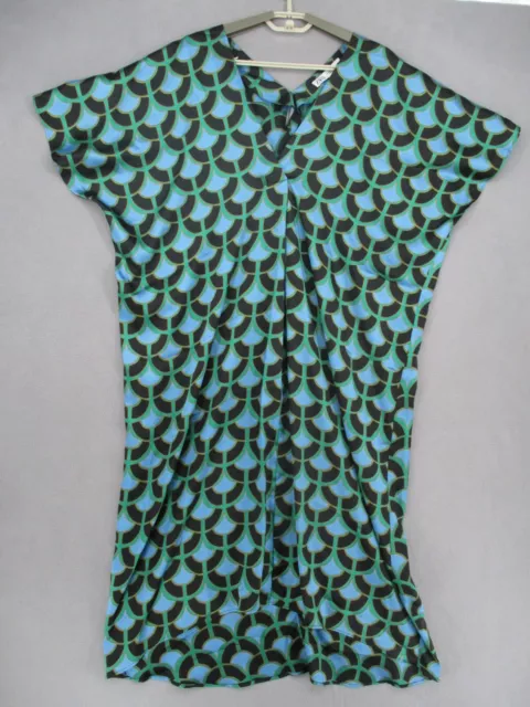 Zara Dress Womens Medium Blue Green Geometric Patterned Retro V Neck 60s 70s