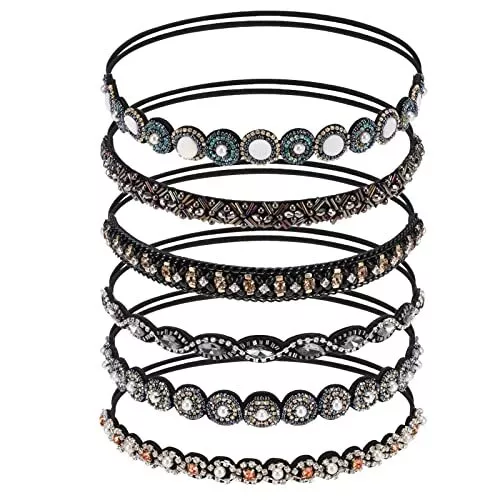 6 Pack Elastic Rhinestone Headbands For Women Vintage Beads Rhinestone Hair Head