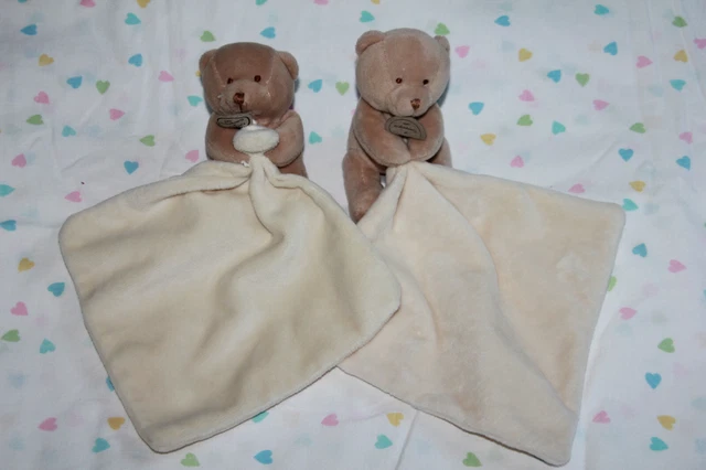 Doudou Et Compagnie Ours Marron Mouchoir Beige Blanc Boite Fleur Lot De 2