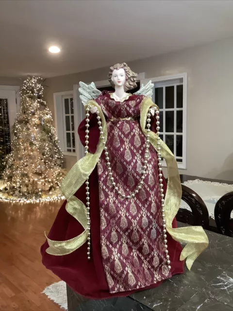 Victorian Christmas Angel Tree Topper  17” Tall Burgundy Gold Velvet Gown Beads