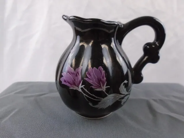 Vintage Miniature Black Floral Ceramic Creamer Pitcher Made in Taiwan