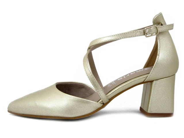 Chaussures Femme Élégant Ouvertes en Cuir Or Avec Sangle de Talon Medium Tamaris