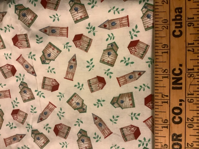 Cotton bird house fabric,3 yard piece beige green abc