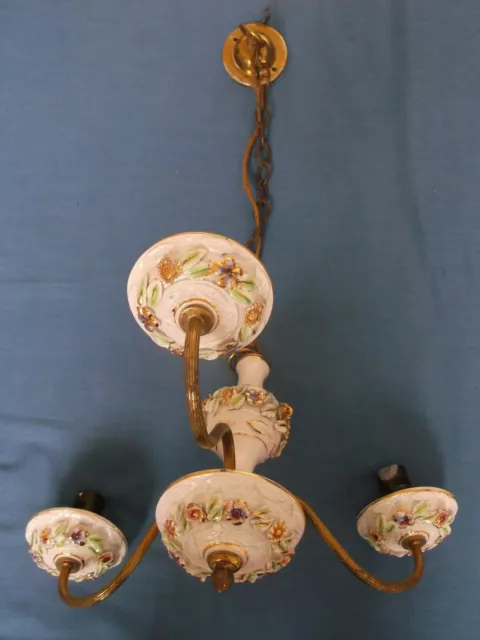 Antique Vintage Capodimonte Italy Chandelier Light Porcelain Flowers Gilt Brass