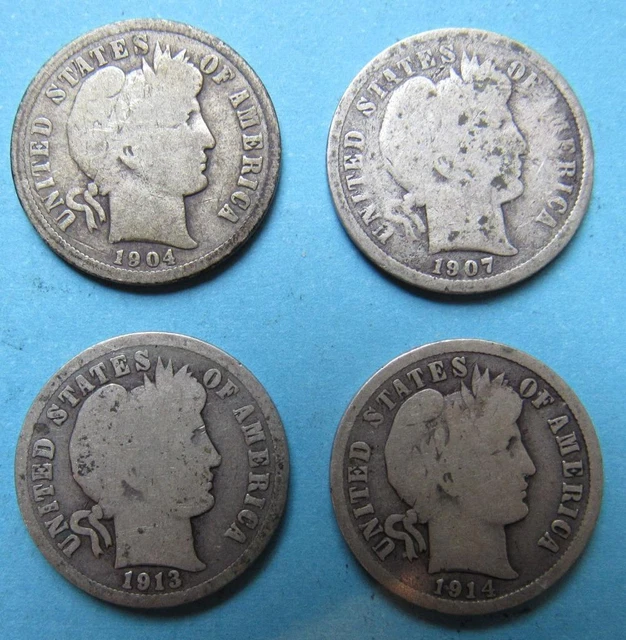 Lot of 4 BARBER DIMES 1904  1907  1913  1914-D - Ships FREE after 1st Item !!!