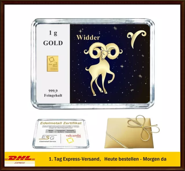 1g Gramm Gold Barren in Motiv Box "Sternzeichen Widder" als Geburtstag Geschenk