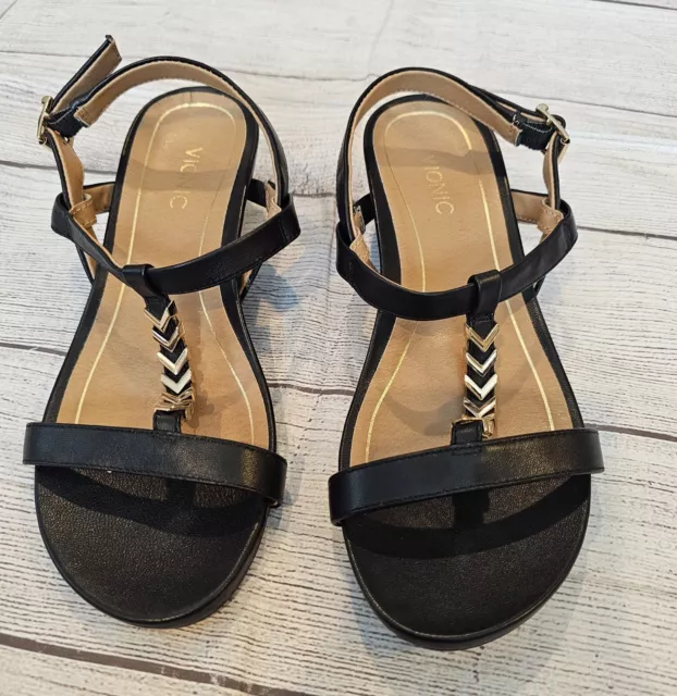 Vionic •Size 6• Black Cali Wedge Strappy Leather Sandal w/ Gold Accent