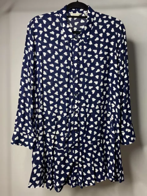 11-1 Tylho Heart Tunic Top Women's Medium White Navy Button Up Long Sleeve Rayon