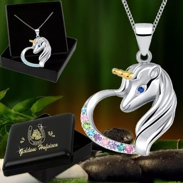 Herz Einhorn Anhänger Hals Kette 925 Sterling Silber Pferdekette Tierkette