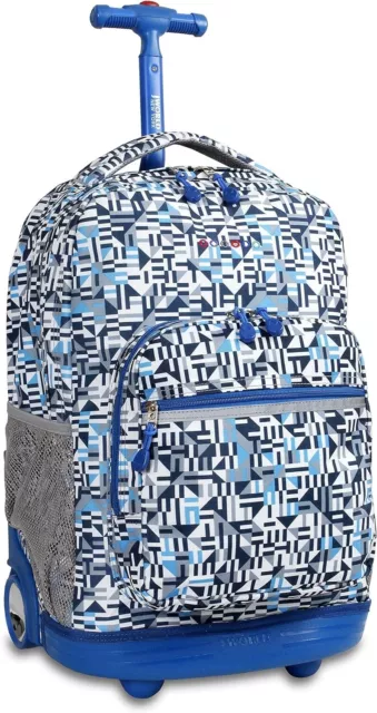 J World New York Sunrise Rolling Backpack Geo Blue Print 18" Bookbag Travel