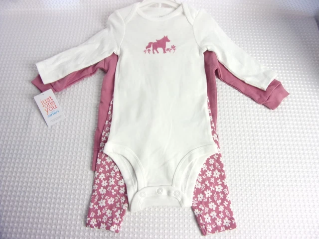 Carters Girl's 3 Pc Bodysuit Pants Sweatshirt - Pink Purple Flowers Horse Pony