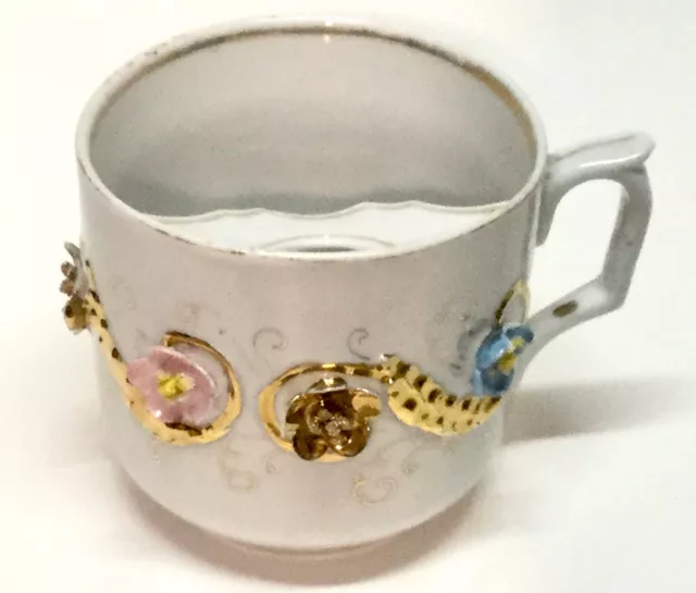 Antique Germany Floral Mustache Cup Hand Painted Porcelain Applied Flowers