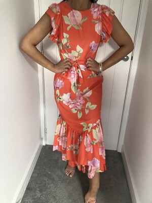 Bnwt Lipsy Orange Floral Print Midi Tier Column Dress Size 12 New Style In