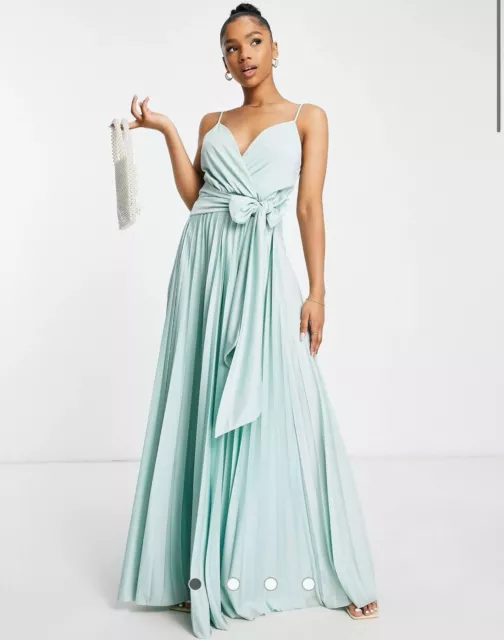 ASOS DESIGN cami plunge tie front pleated maxi dress in plain duck egg