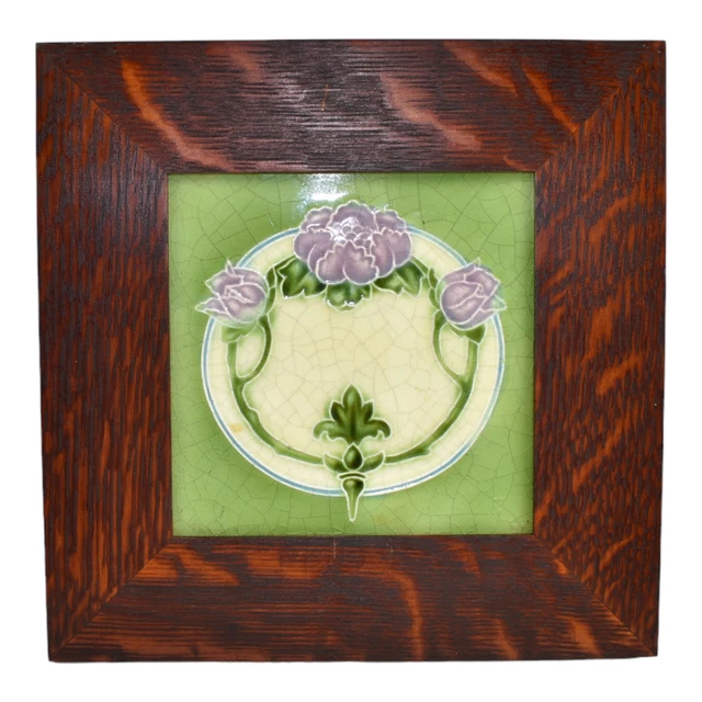 T And R Boote English Art Nouveau Pottery Purple Flower Green Framed Tile