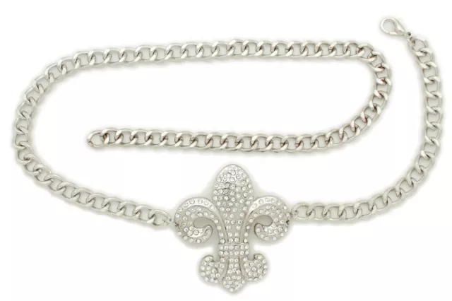 Women Silver Metal Chain Fashion Hip Waist Belt Fleur De Lis Charm Size M L XL 3