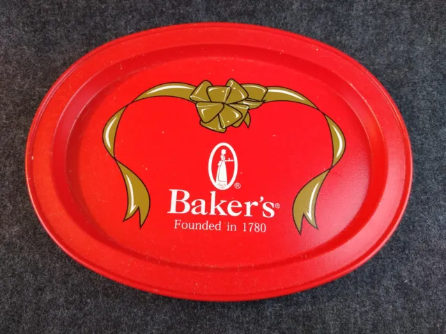 Vintage Bakers Chocolate Founded 1790 Red Gold Logo Bow Lady Silhouette Tin Tray