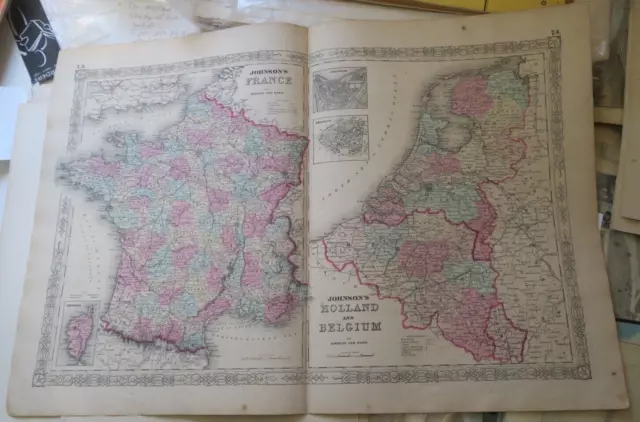 ORIGINAL Johnson's  c. 1861 HAND-COLORED Atlas Map,FRANCE,HOLLAND,BELGIUM,SEAS