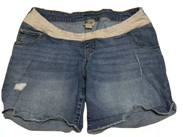 Maternity Shorts Women's Large Raw Hem Denim Distressed Indigo Blue