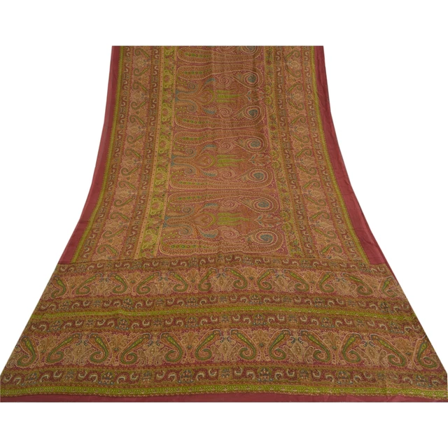 Sanskriti Vintage Sarees Red & Green Pure Silk Print Sari Soft 5Yd Craft Fabric