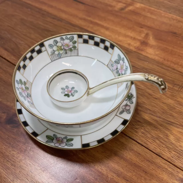 Nippon M  3 Footed Bowl w/ Spoon & Plate Gold Rimmed Black White Floral Vintage