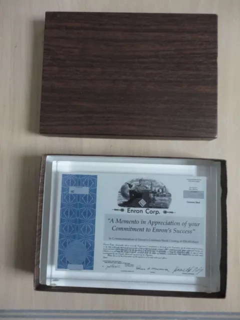 Enron Corp Commemorative Stock Certificate Rare Lucite Display $50 / Share 1998 Enron Corp Commemorative Stock Certificate Rare Lucite Display $50 / Share 1998