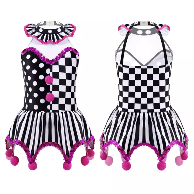 Kids Girls Halloween Circus Clown Cosplay Dress Up Sequins Pompoms Adorned Dress