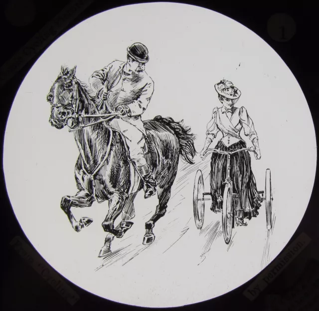 Glas magische Laterne Rutsche FRAU AUF DREIRAD C1890 VIKTORIANISCHE COMICZEICHNUNG