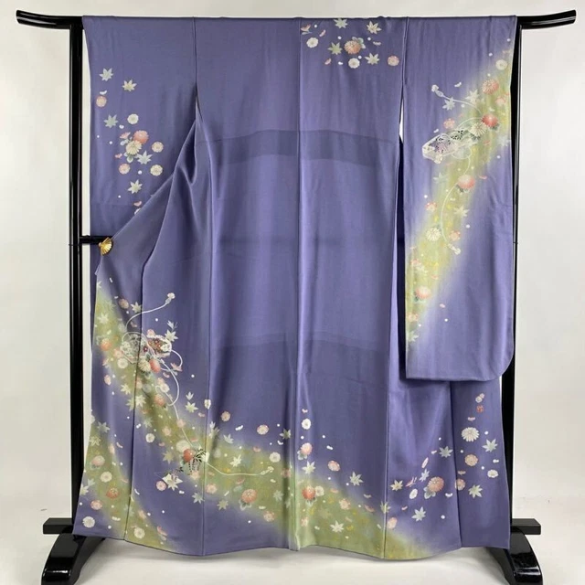 Japanese Kimono Furisode Pure Silk Fubako Flower Gold Paint Gradation Purple