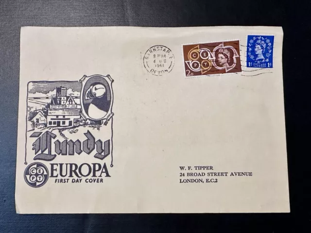 GB LUNDY Europa Overprints 1961 FDC Cover DEVON POSTMARK - Interesting Look!