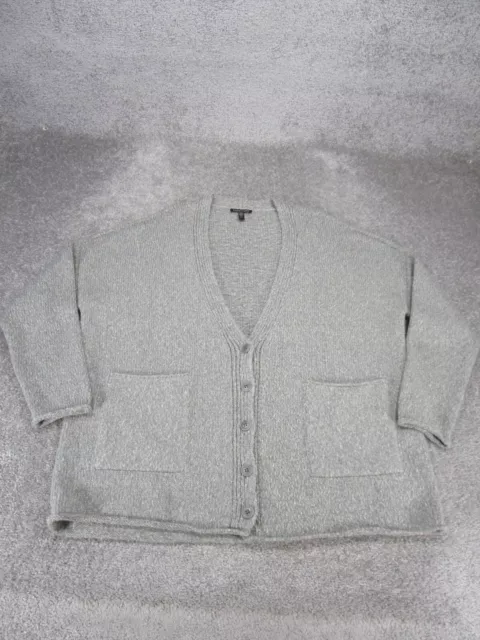 Eileen Fisher Sweater Womens Large Gray Cable Knit Alpaca Cotton Blend Cardigan