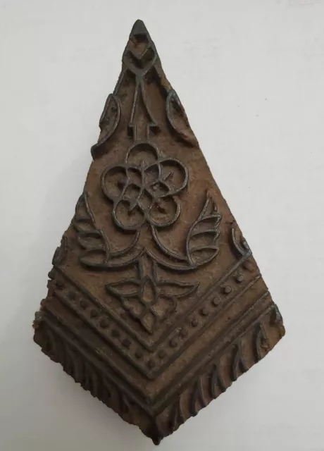 Primitive Wooden Textile Printing Block larger floral hand carved triangle shape