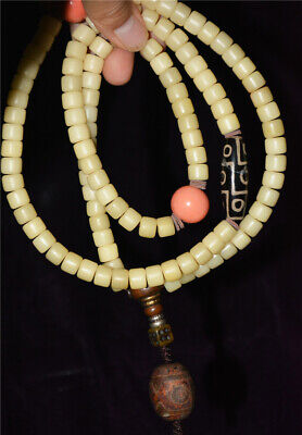 Tibetan Old Antique Yak Bone Worry Prayer Beads Necklace Rosary 9 Eyes Dzi Mala