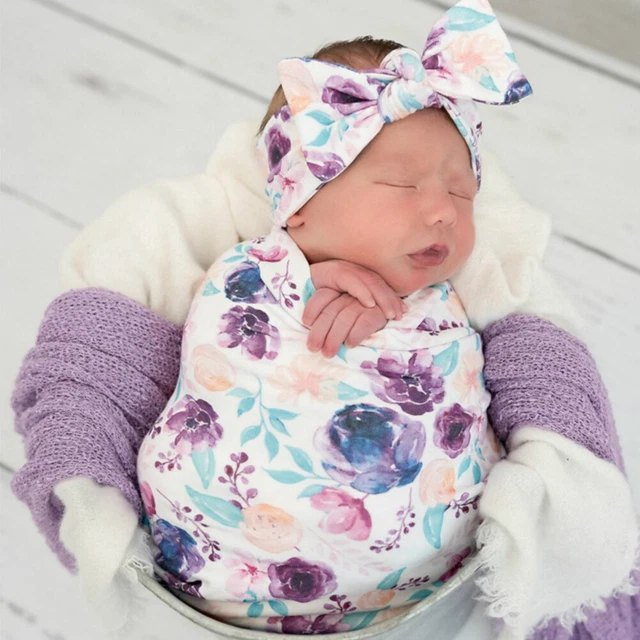 Head Band With Hat Fashion Baby Swaddle Blanket Set Floral Print Home Soft