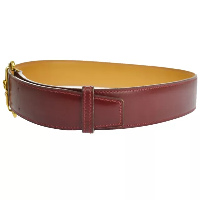 HERMES Logo Buckle Belt Leather Bordeaux Gold France Accessory 62YA995 2