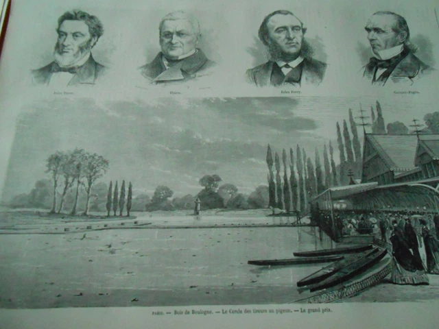 Gravure 1869 - Bois de Boulogne Le cercle des tireurs au Pigeon Grand prix